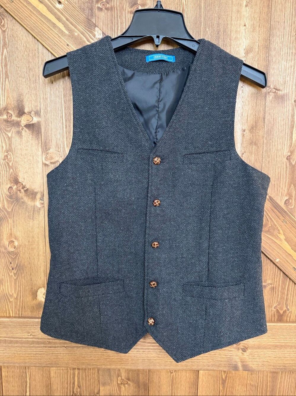 Ceehuteey Mens Gray Herringbone Wool Blend Vest Waistcoat Size Small (9422)